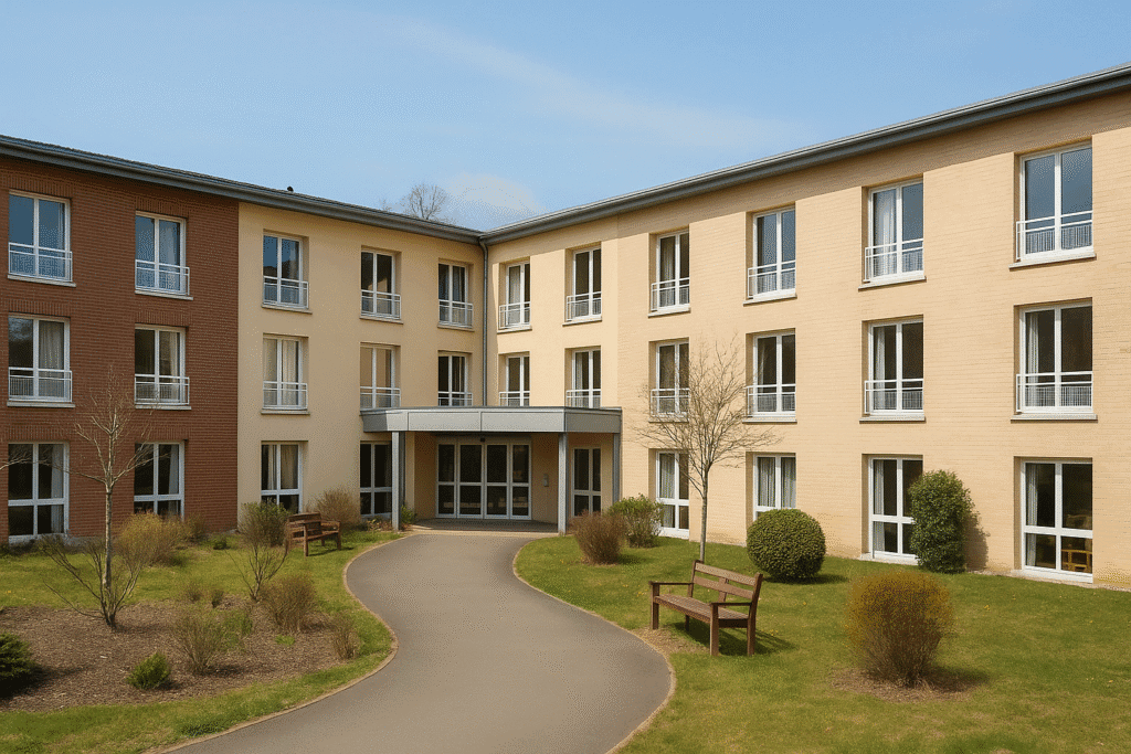 Bâtiment d’un EHPAD moderne avec accès médicalisé et aménagements adaptés.
