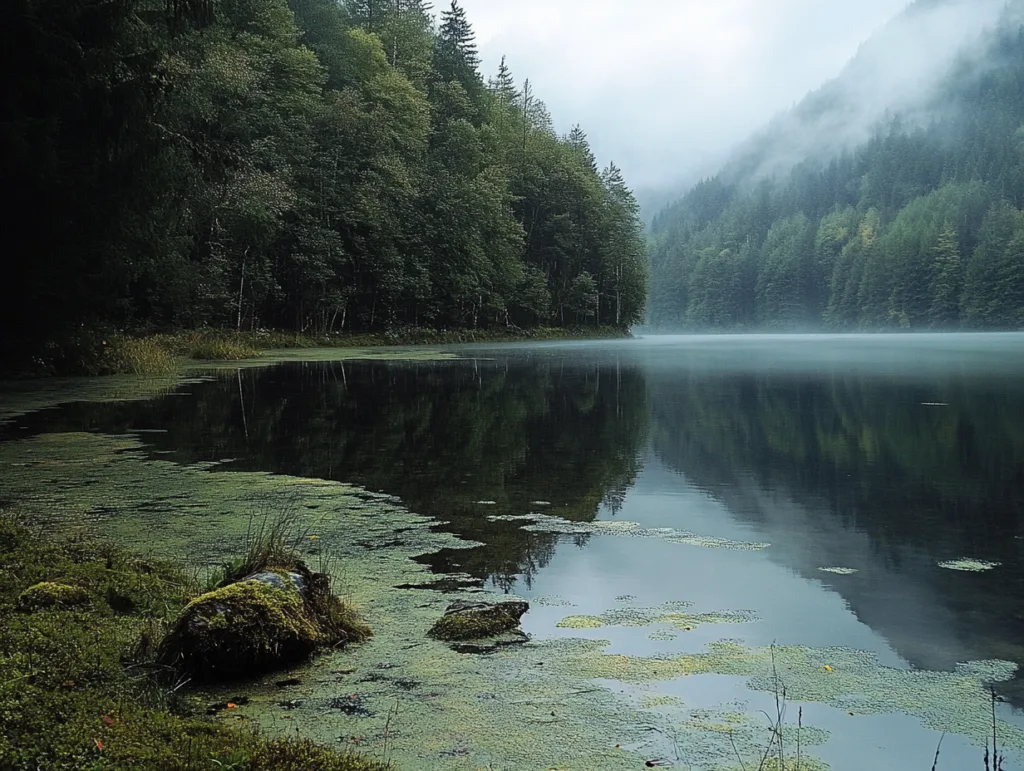 Une photographie montrant un lac de montagne profond entouré de végétation.
